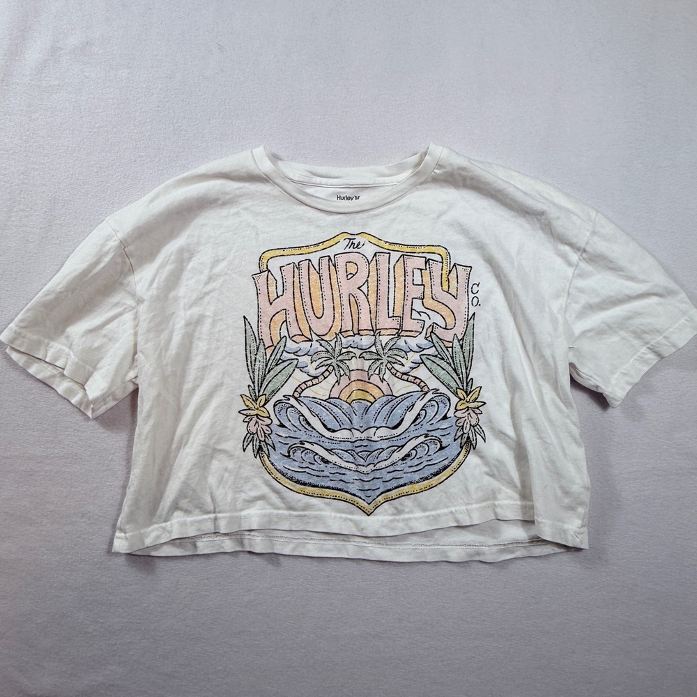 Hurley Graphic T-Shirt Womens Medium White Surf Palm Boxy Crop Top Boho Skater